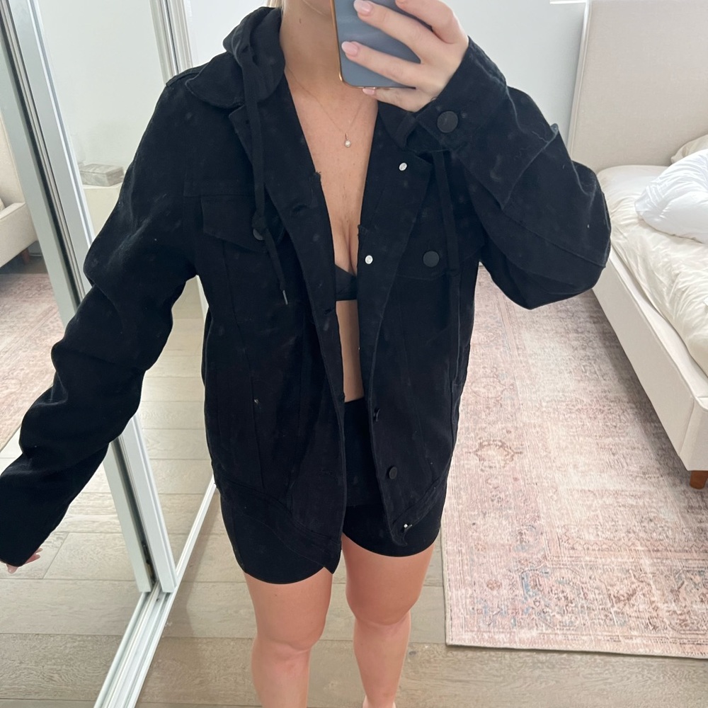 Active Unisex black denim jacket with sweatshirt hood - size M